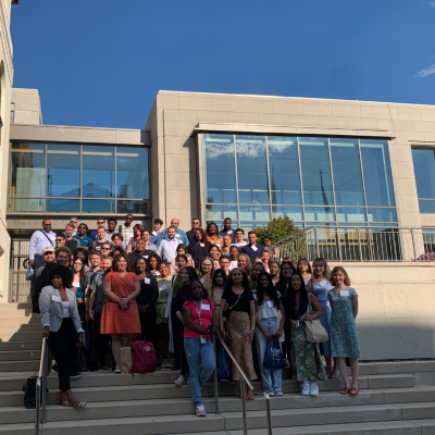 New students standing outside of the Hartford Times Building