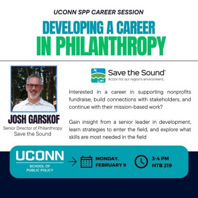 Example of UConn School of Public Policy career event recruitment flyer, specifically for a session for students pursuing a career in nonprofit development.