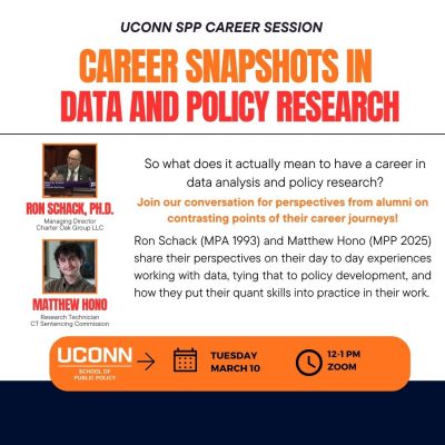Example of UConn School of Public Policy career event recruitment flyer, specifically for a session for students pursuing a career in data analysis and policy research.